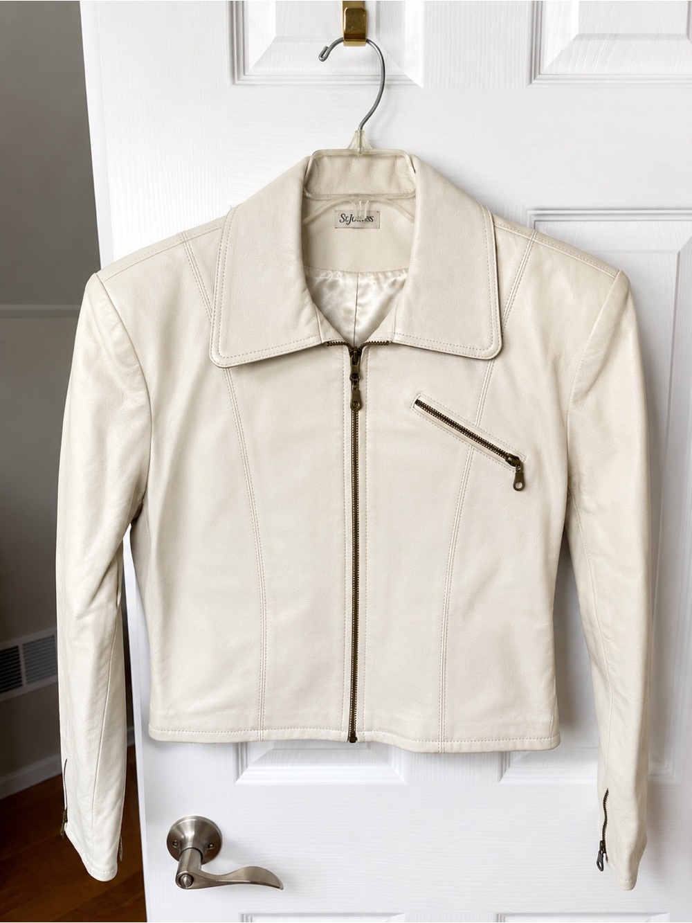 🔥RARE Vintage Y2K 100% Genuine Leather Cropped Moto Jacket Cream White🔥